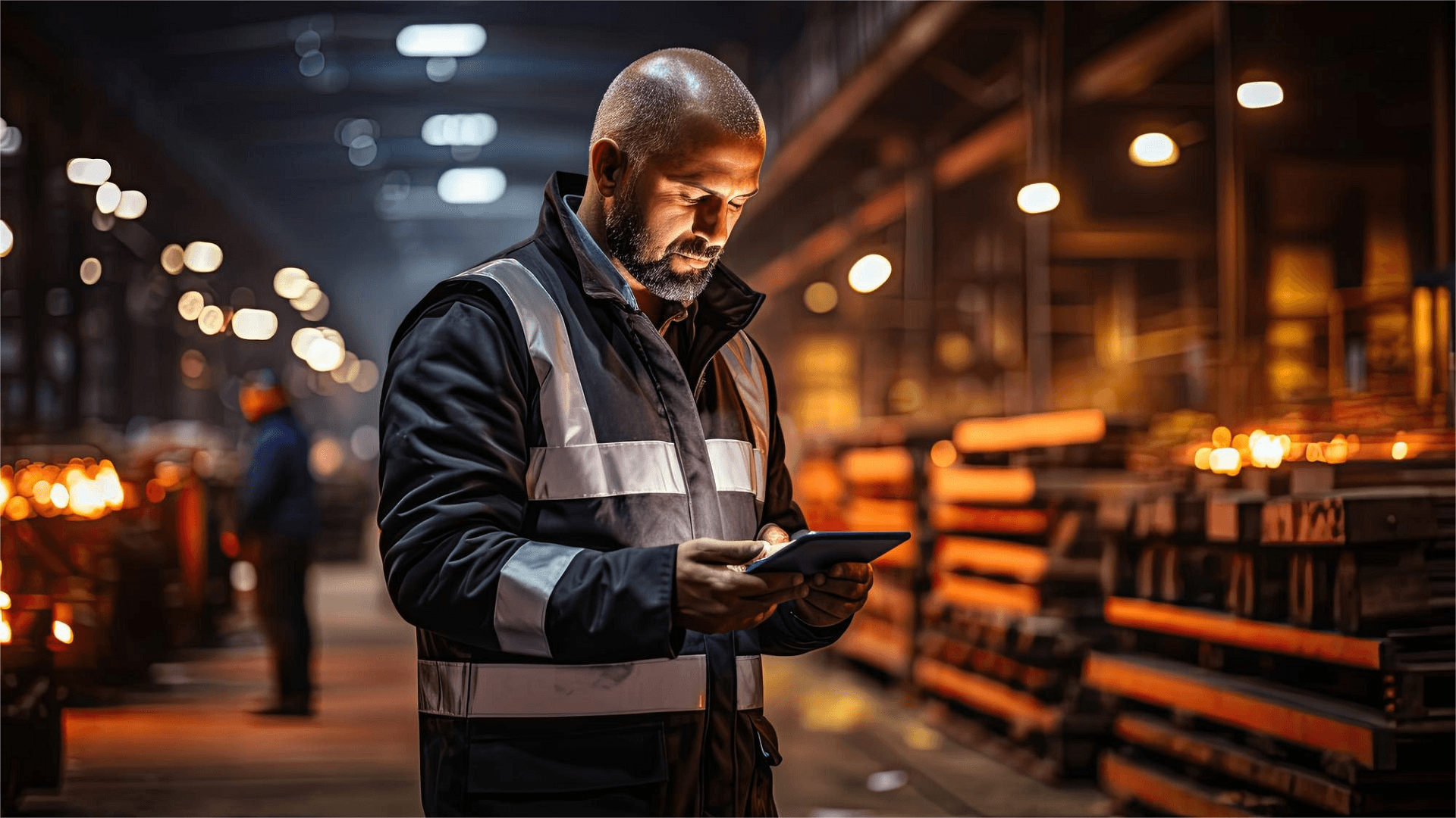 Bild eines Mannes in Arbeitsmontur und Tablet in der Hand